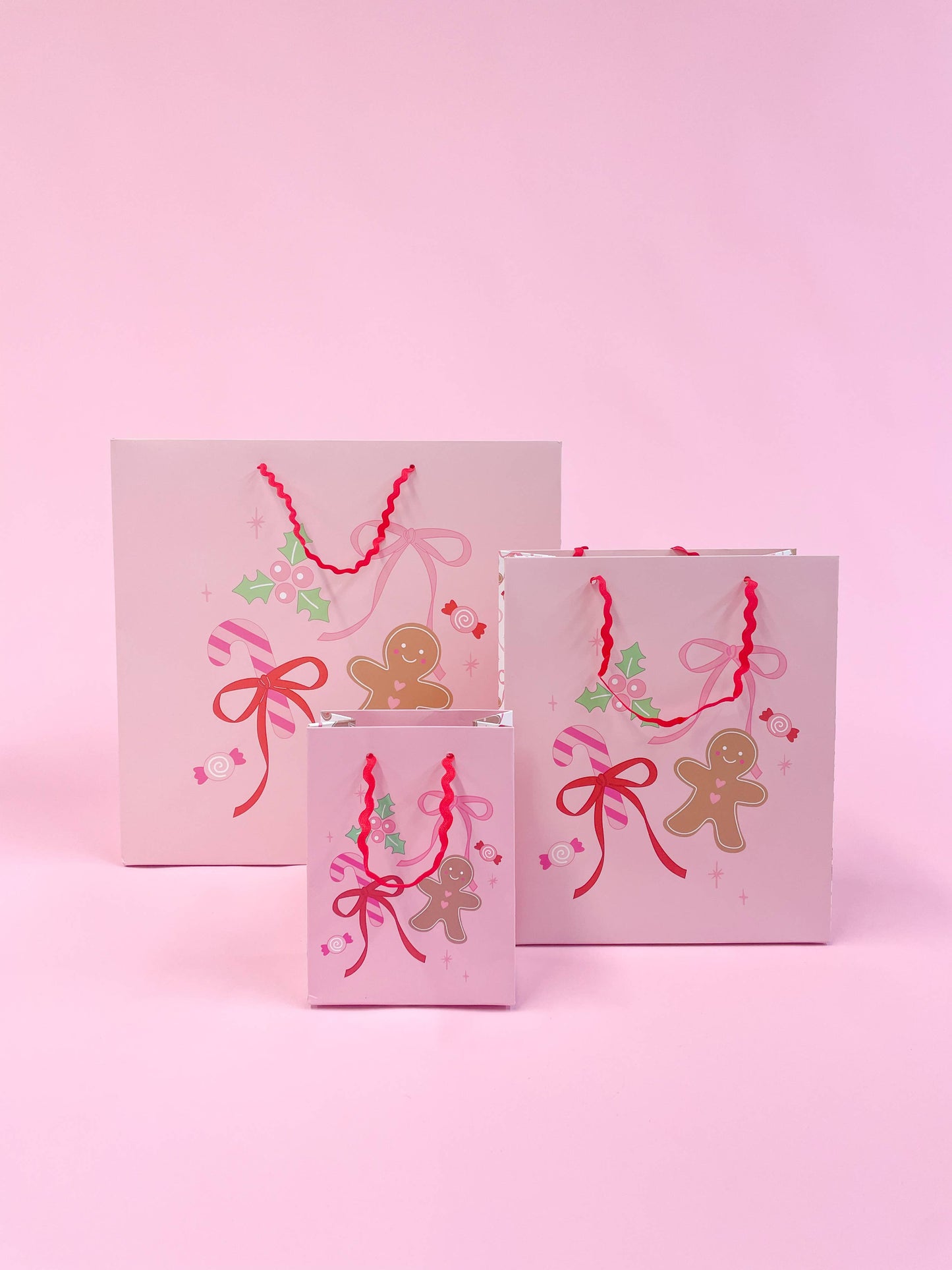 Pink Christmas Gingerbread Bows Gift Bag with Tag - 3 sizes