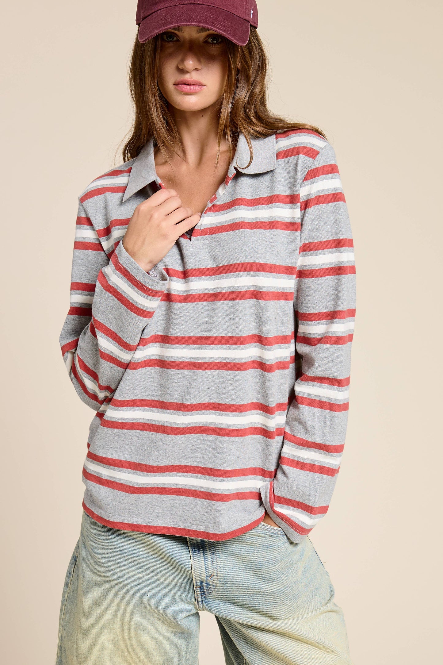 90s Style Boxy Fit Striped Knit Polo Shirt
