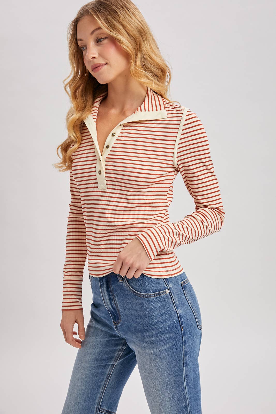 Striped Button-Down Henley Knit Top