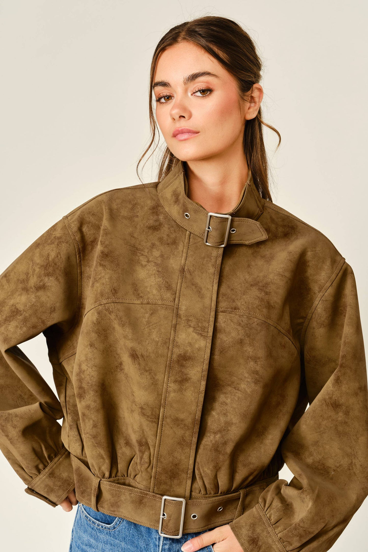 Vintage Vegan Leather Belted Bomber Jacket