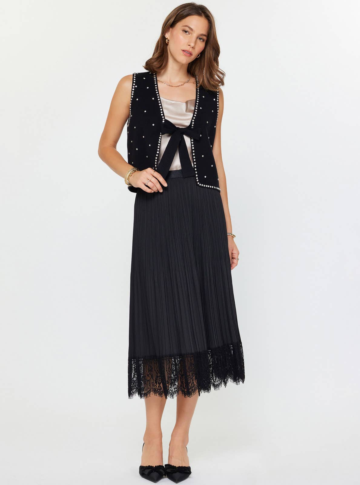 Pleated Midi Skirt W/Lace Trim