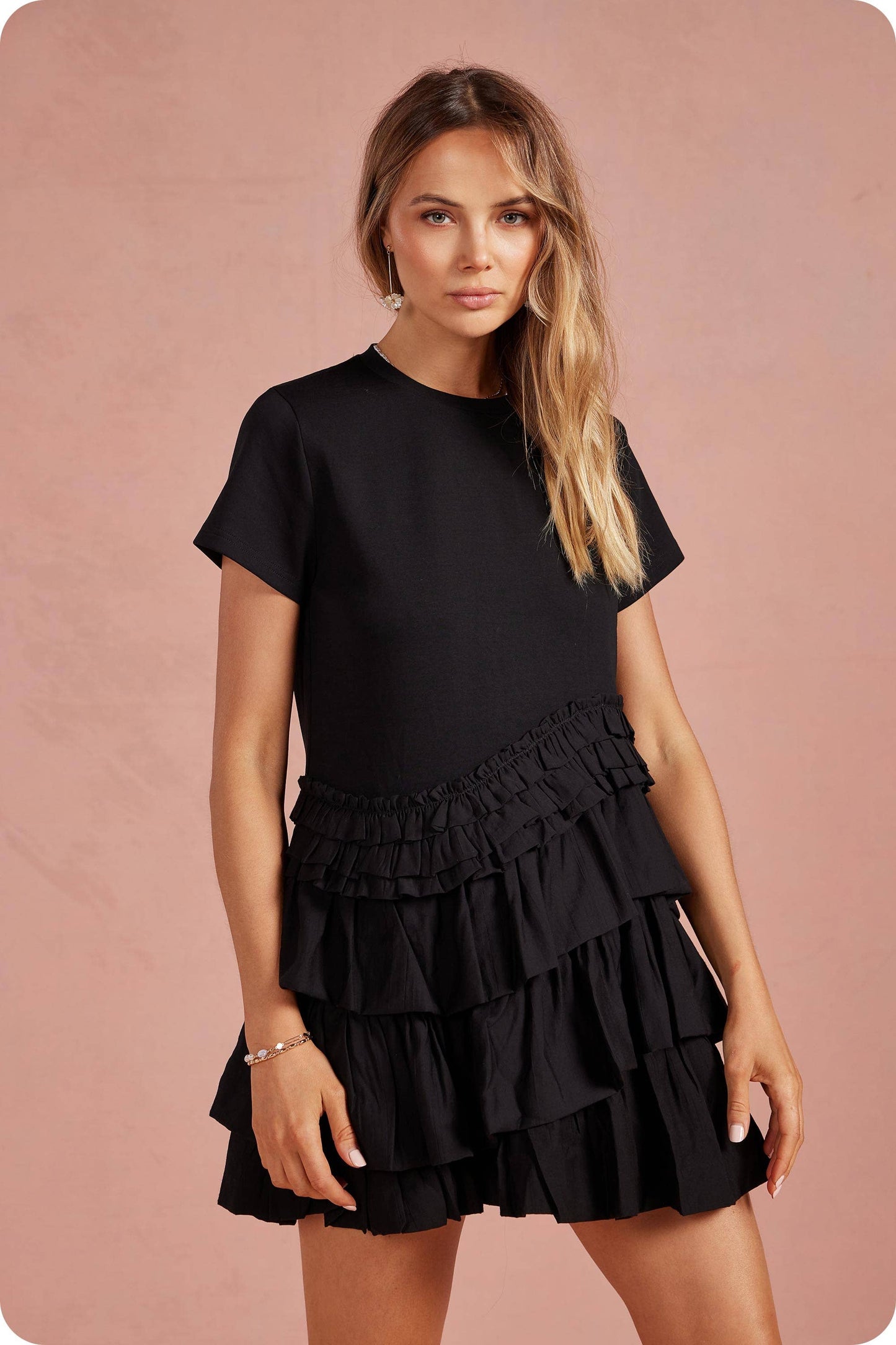 Ruffle Frill Asymmetric Tiered Mixed Media Tee Mini Dress