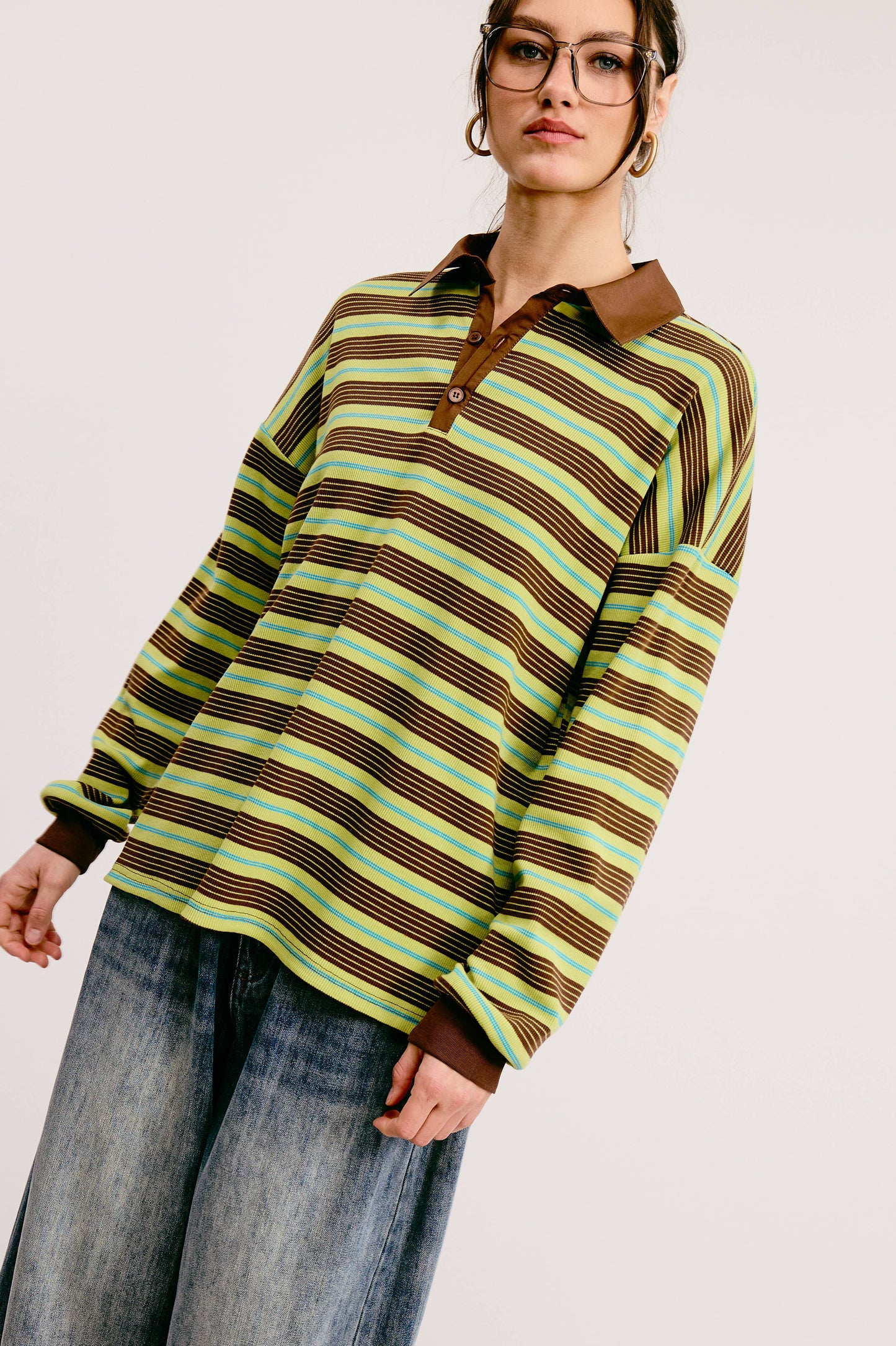 Multicolor Stripe Oversized Long Sleeve Polo Shirt