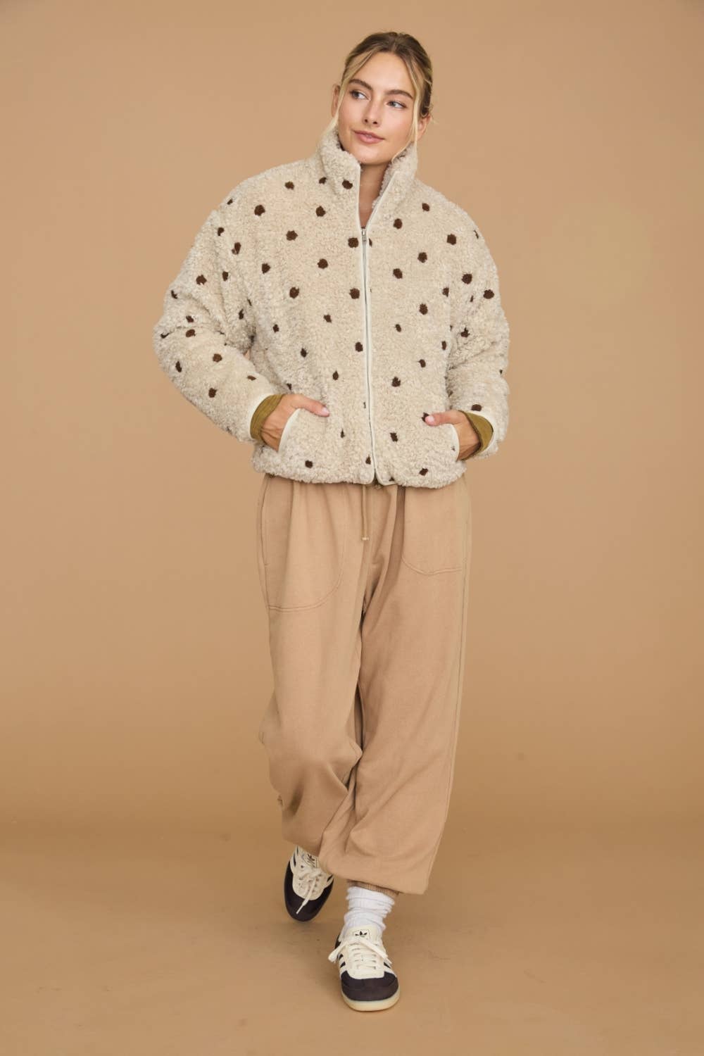 Polka Dot Sherpa Fleece Zip Front Jacket