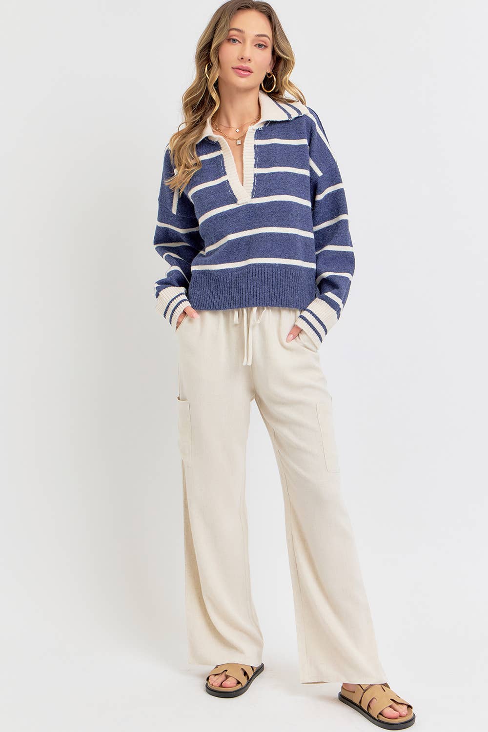 Linen Blend Pull On Drawstring Pants in Oatmeal