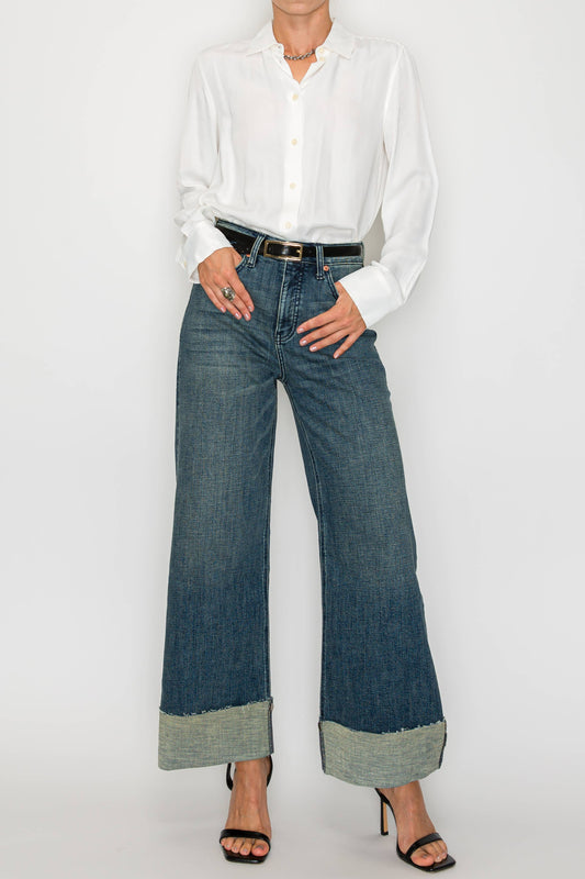 TUMMY CONTROL HIGH RISE CUFFED WIDE LEG JEANS