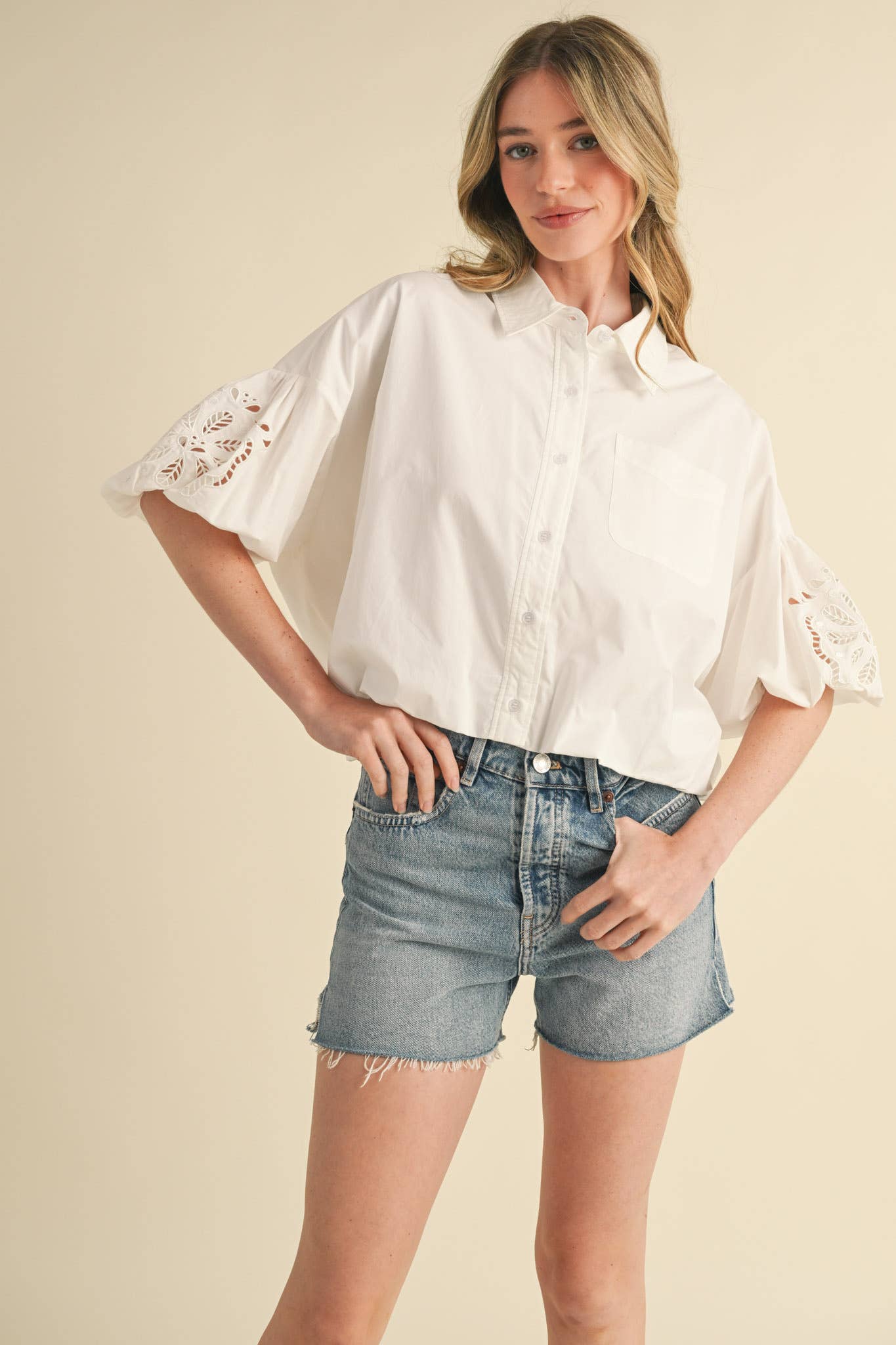 Eyelet Embroidered Bubble Sleeve Top