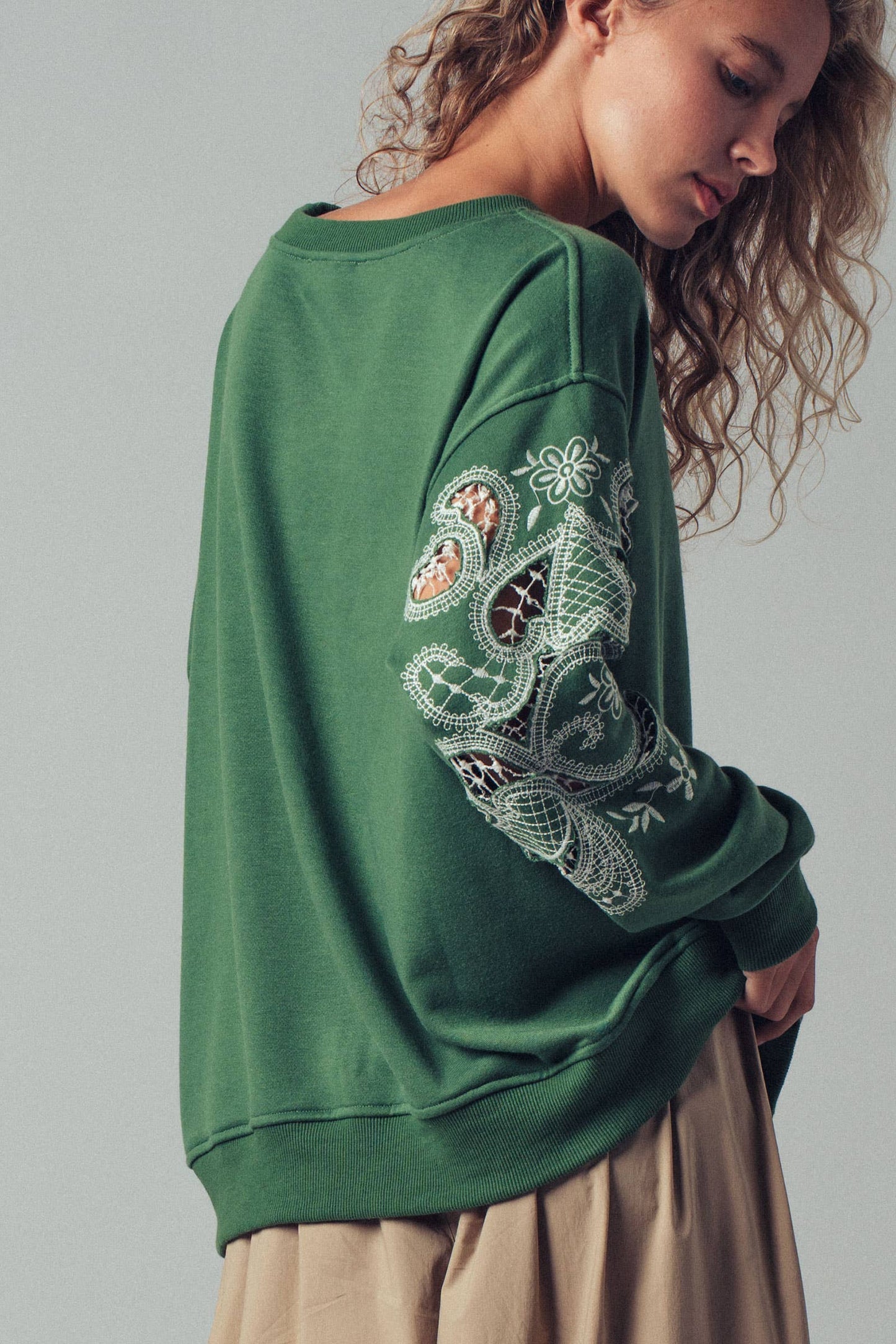Romantic Lace Embroidered Sleeve Sweatshirt