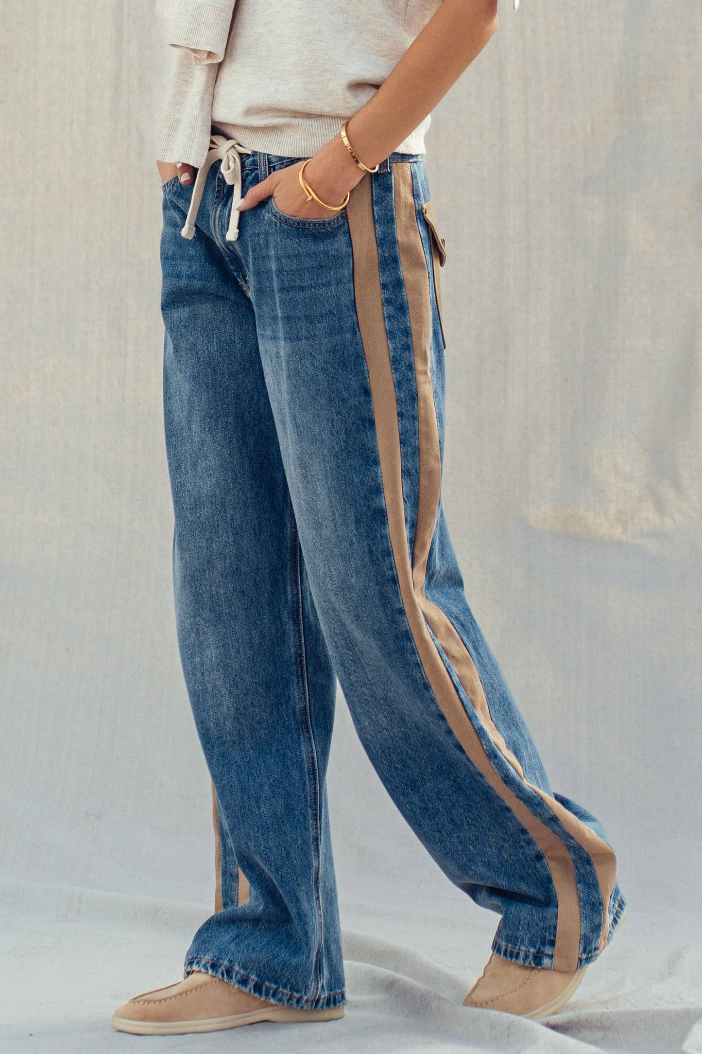 Slouchy Relaxed Wide-Leg Utility Stripe Denim Jeans