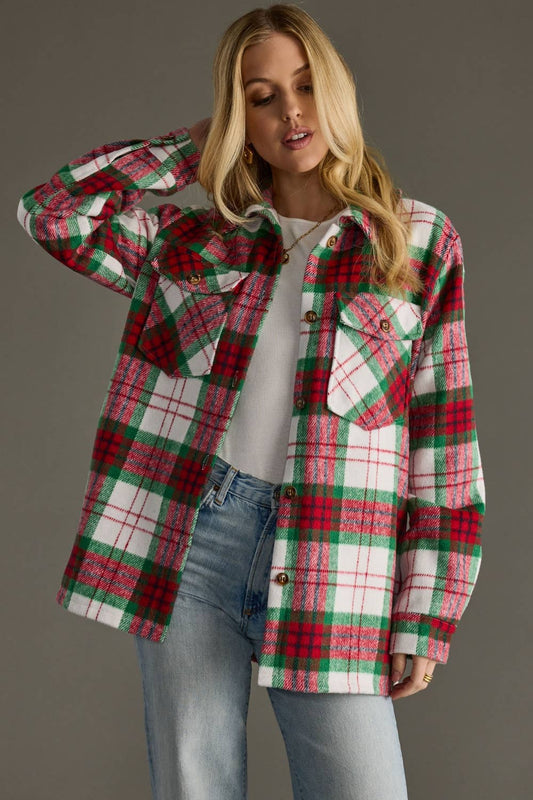 Festive Red, Green &amp; White Plaid Shirt Jacket