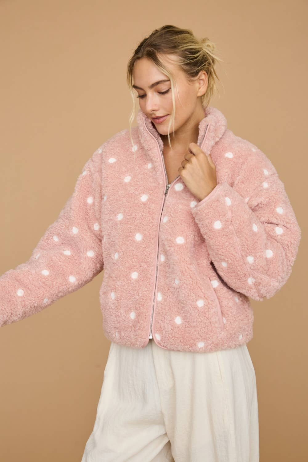 Polka Dot Sherpa Fleece Zip Front Jacket