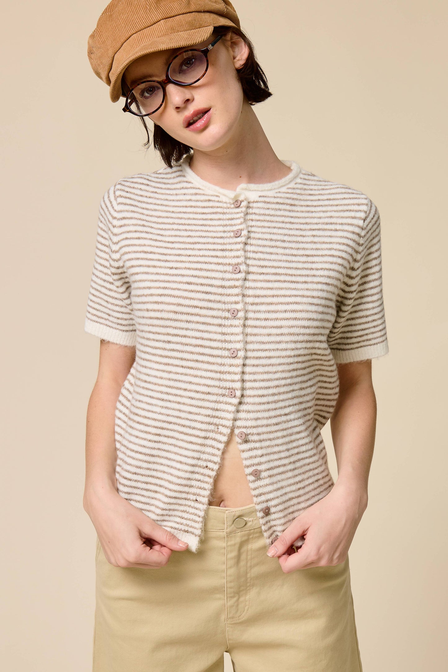 Muse Striped Short Sleeve Button Cardigan