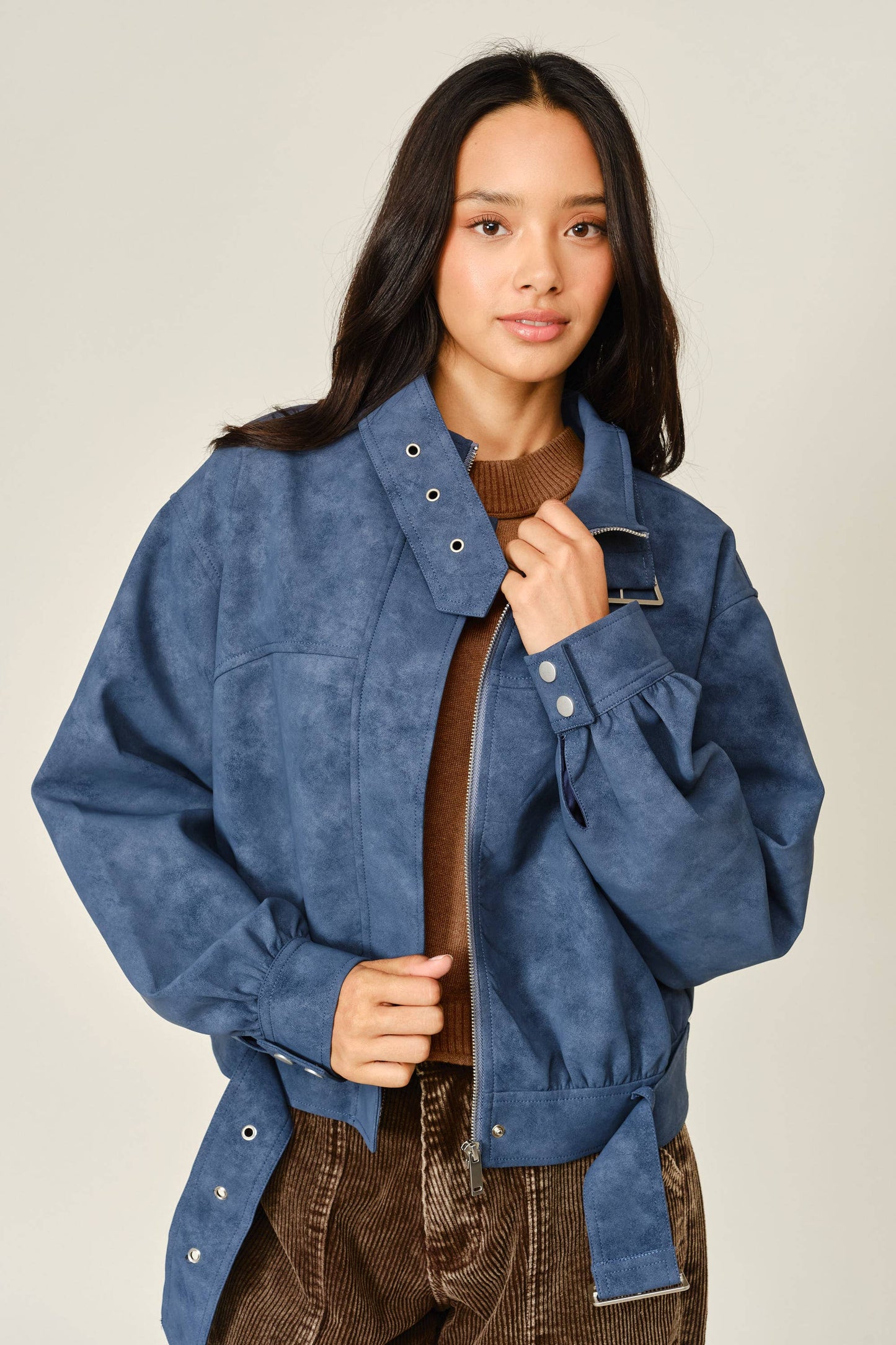 Vintage Vegan Leather Belted Bomber Jacket