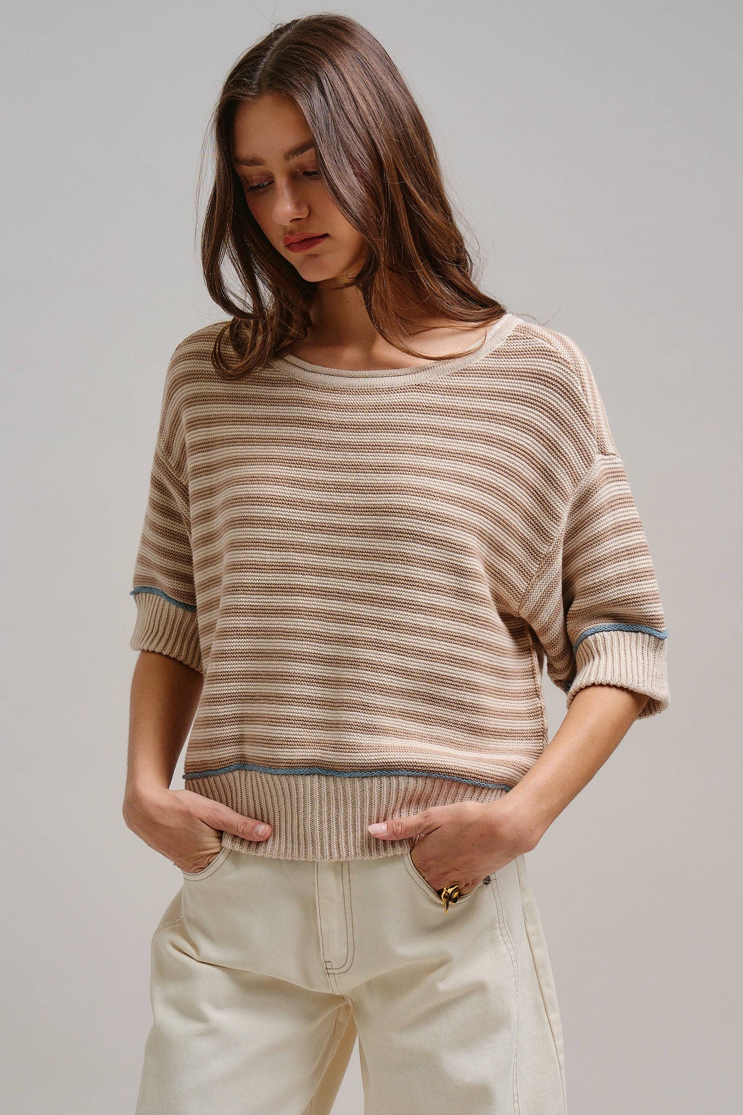 Premium Cotton Striped Contrast Trim Sweater Tee