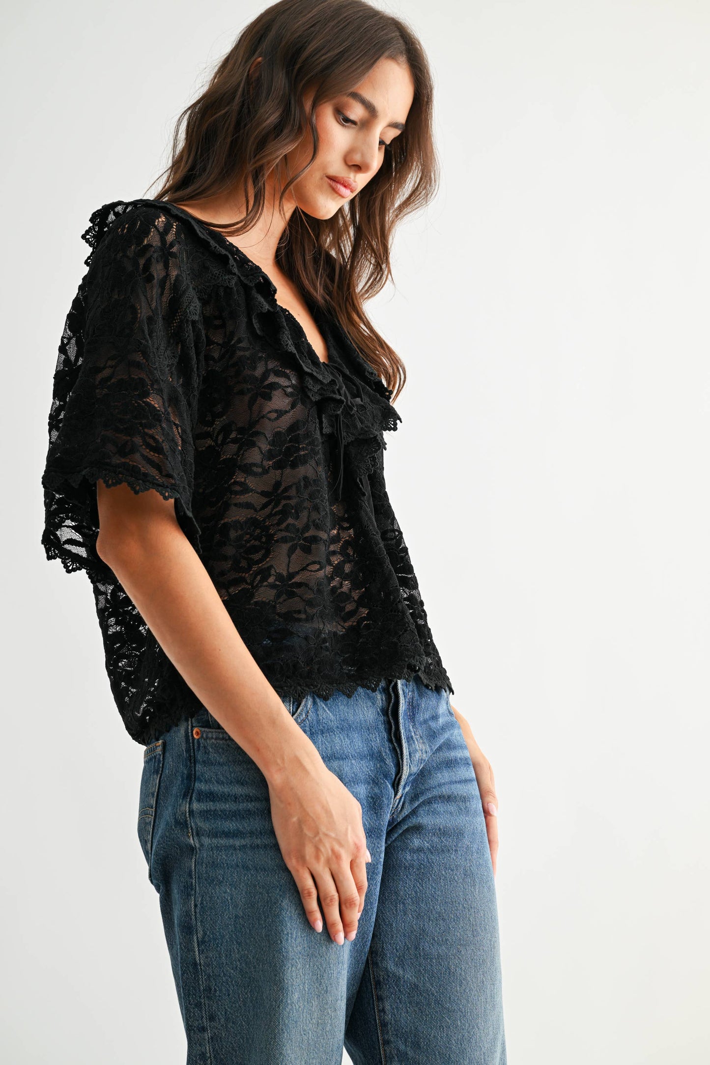 Ruffle Trim LaceTie Front Top