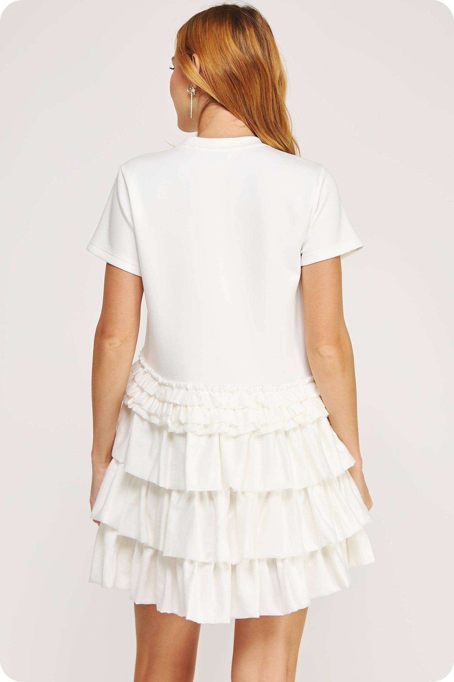Ruffle Frill Asymmetric Tiered Mixed Media Tee Mini Dress