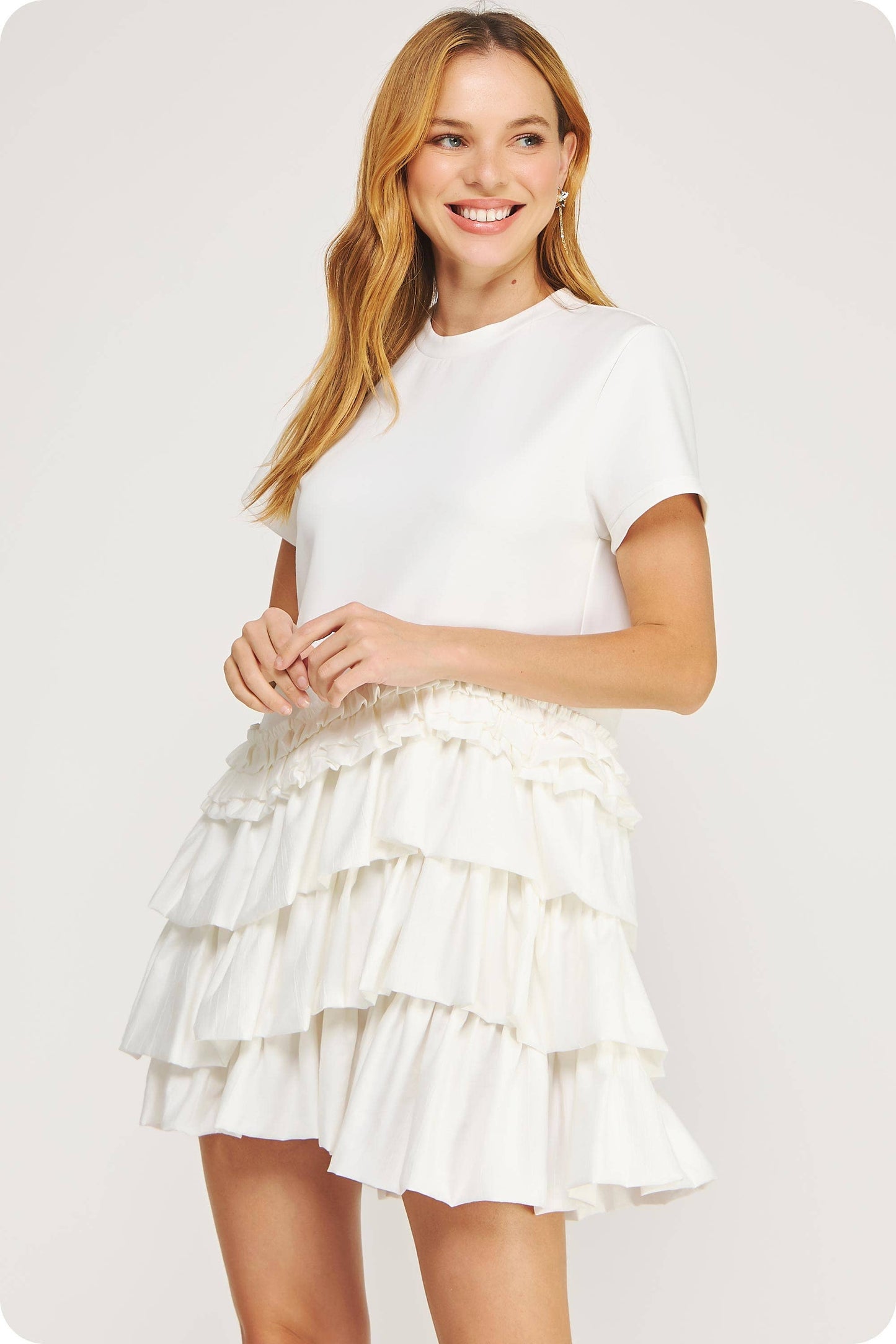 Ruffle Frill Asymmetric Tiered Mixed Media Tee Mini Dress