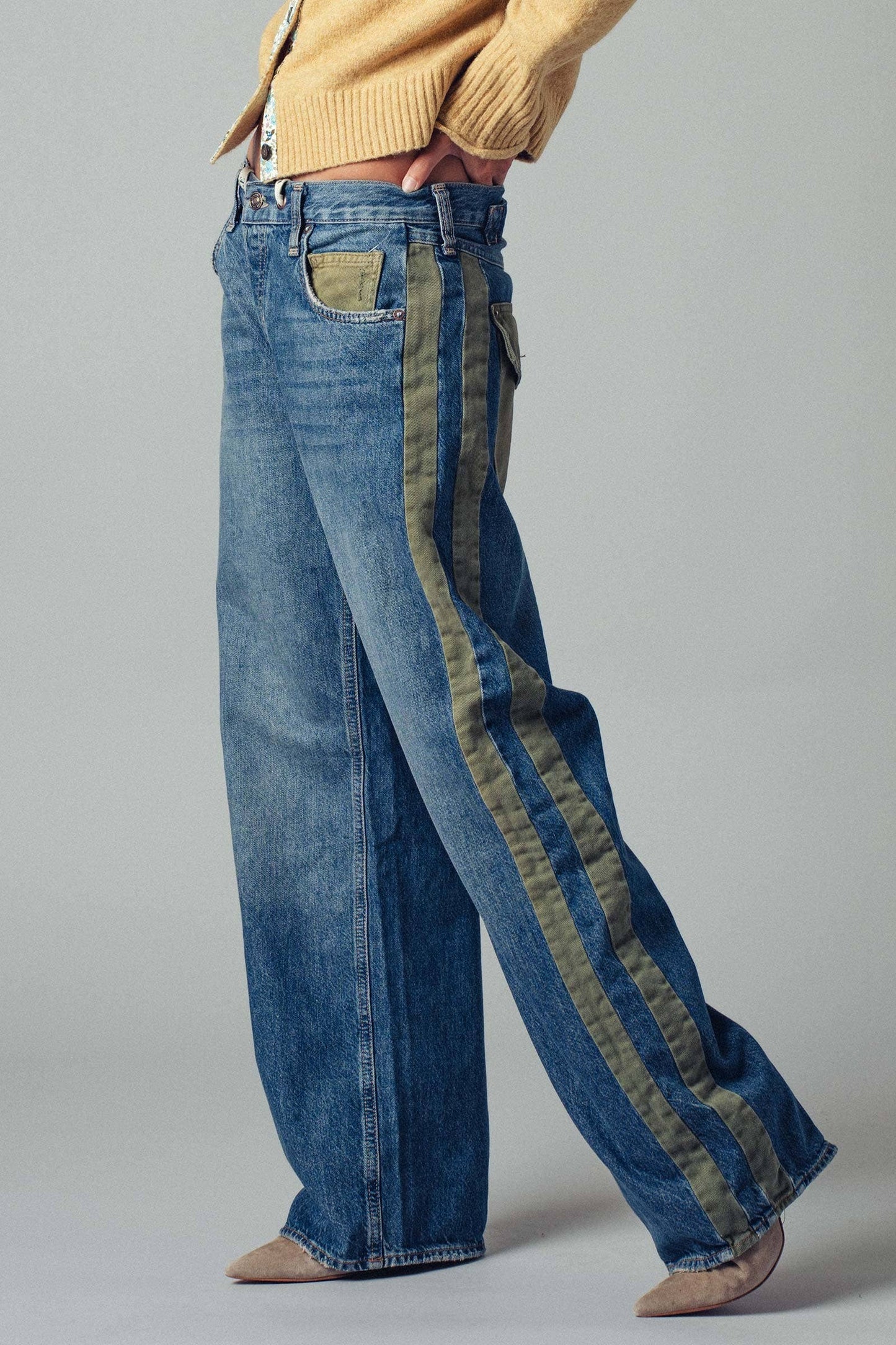 Slouchy Relaxed Wide-Leg Utility Stripe Denim Jeans