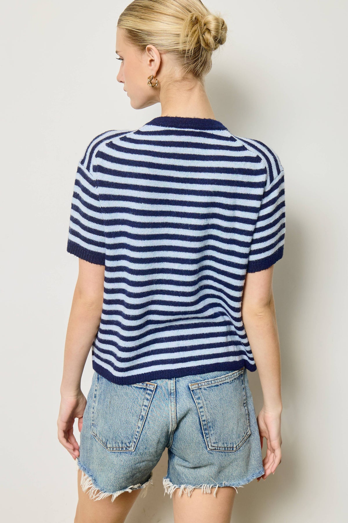 Striped Short Sleeve Knit Cardigan