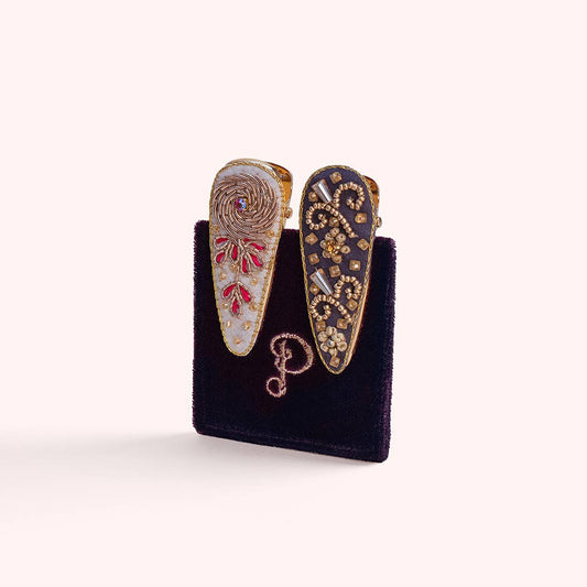 Pink Chrysanthemum and Gold Stone Hair Clips (Set of 2)