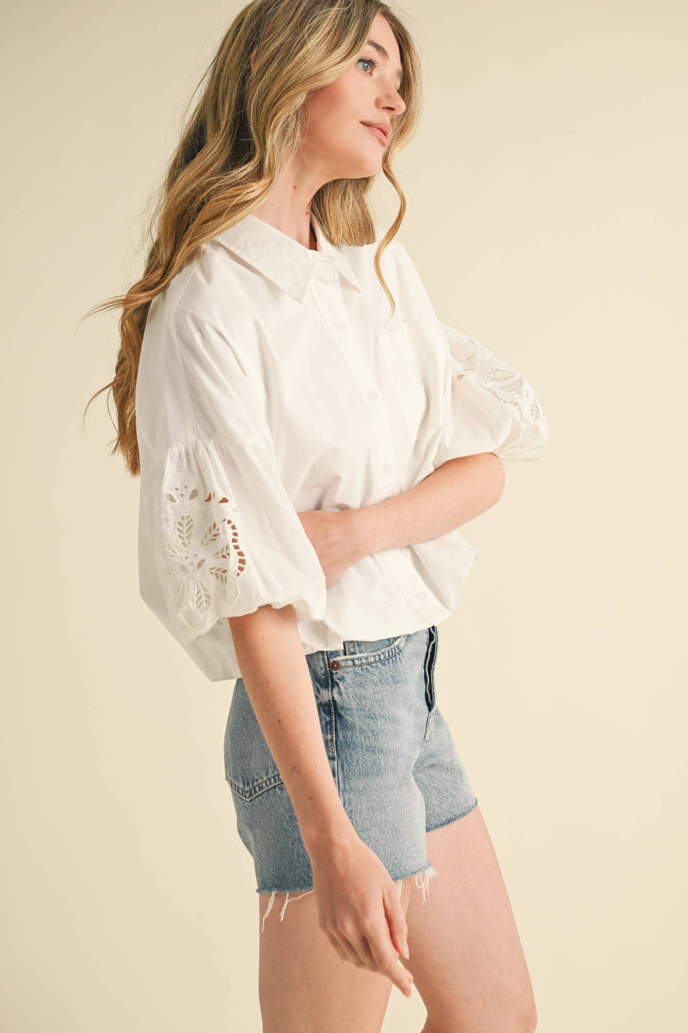 Eyelet Embroidered Bubble Sleeve Top