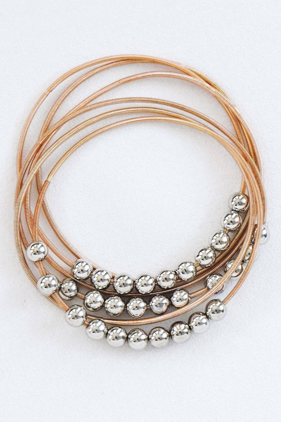 Boho Layered Spring Coil Guitar String Bracelet w/Metallic Beads Set