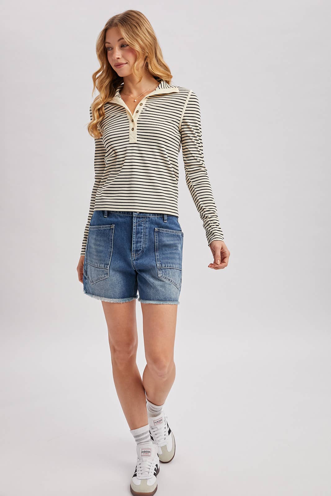 Striped Button-Down Henley Knit Top
