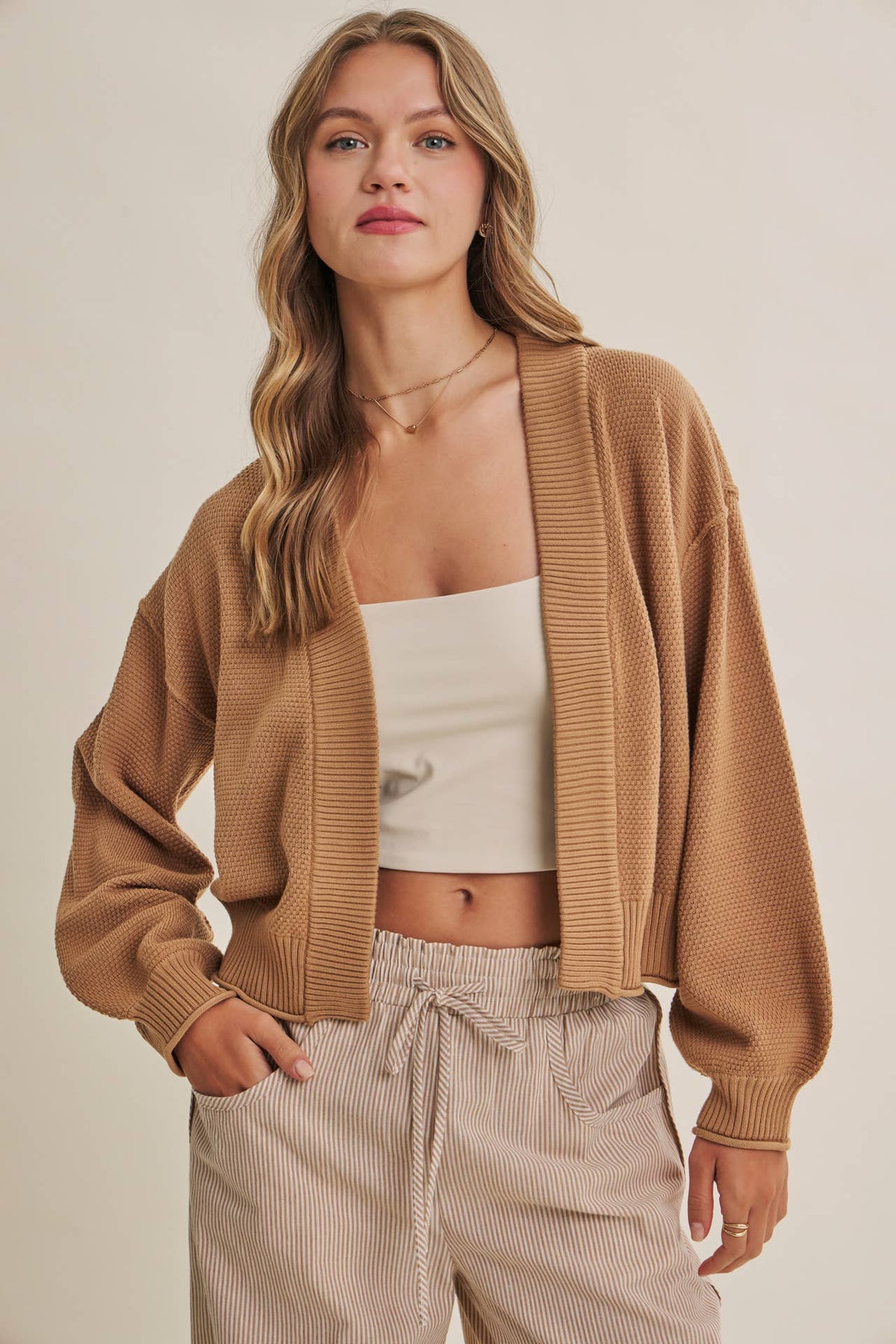 Everyday Essential Easy Layering Balloon Sleeve Waffle Cardigan