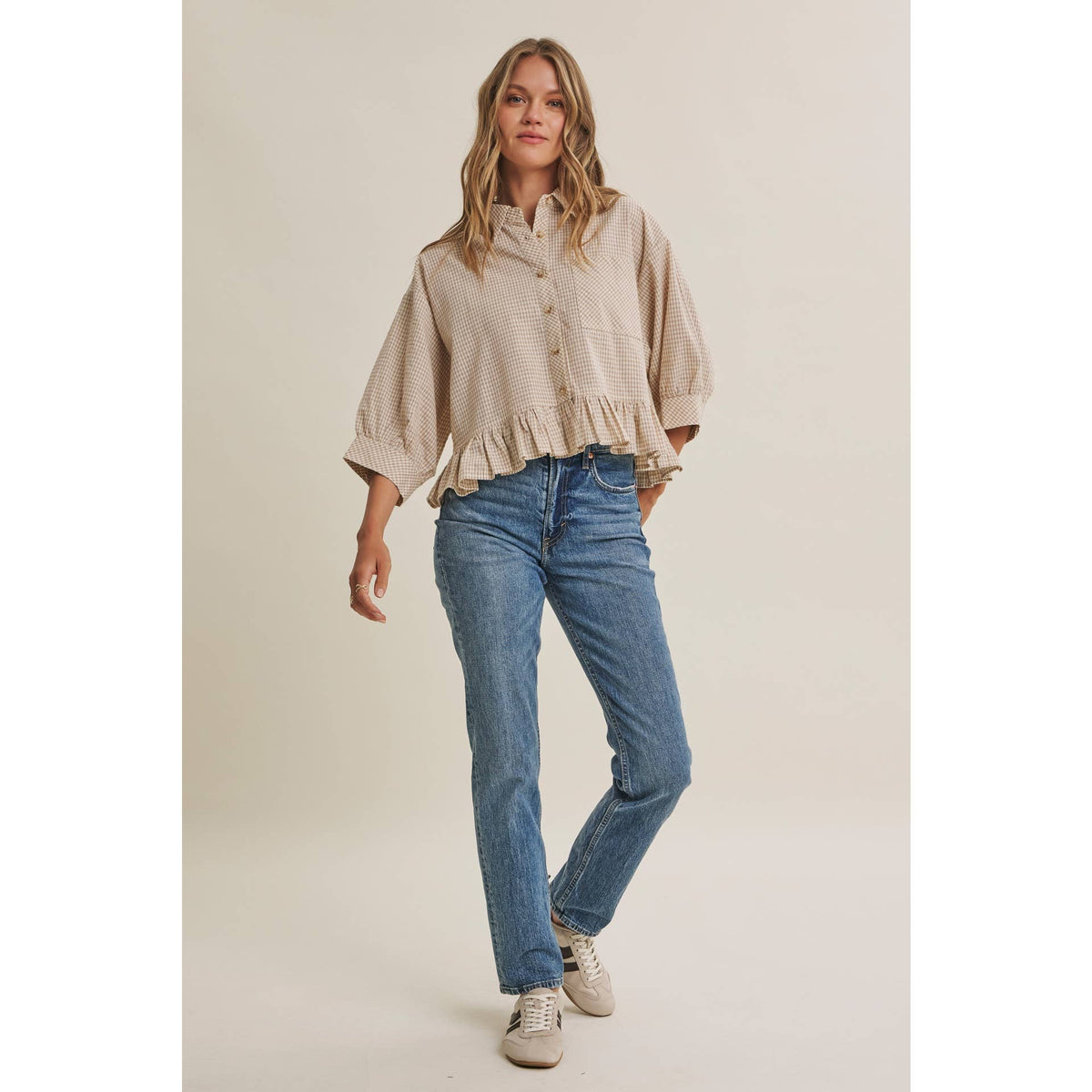 Morning Oat Micro Check Ruffle Hem Button-Down Shirt