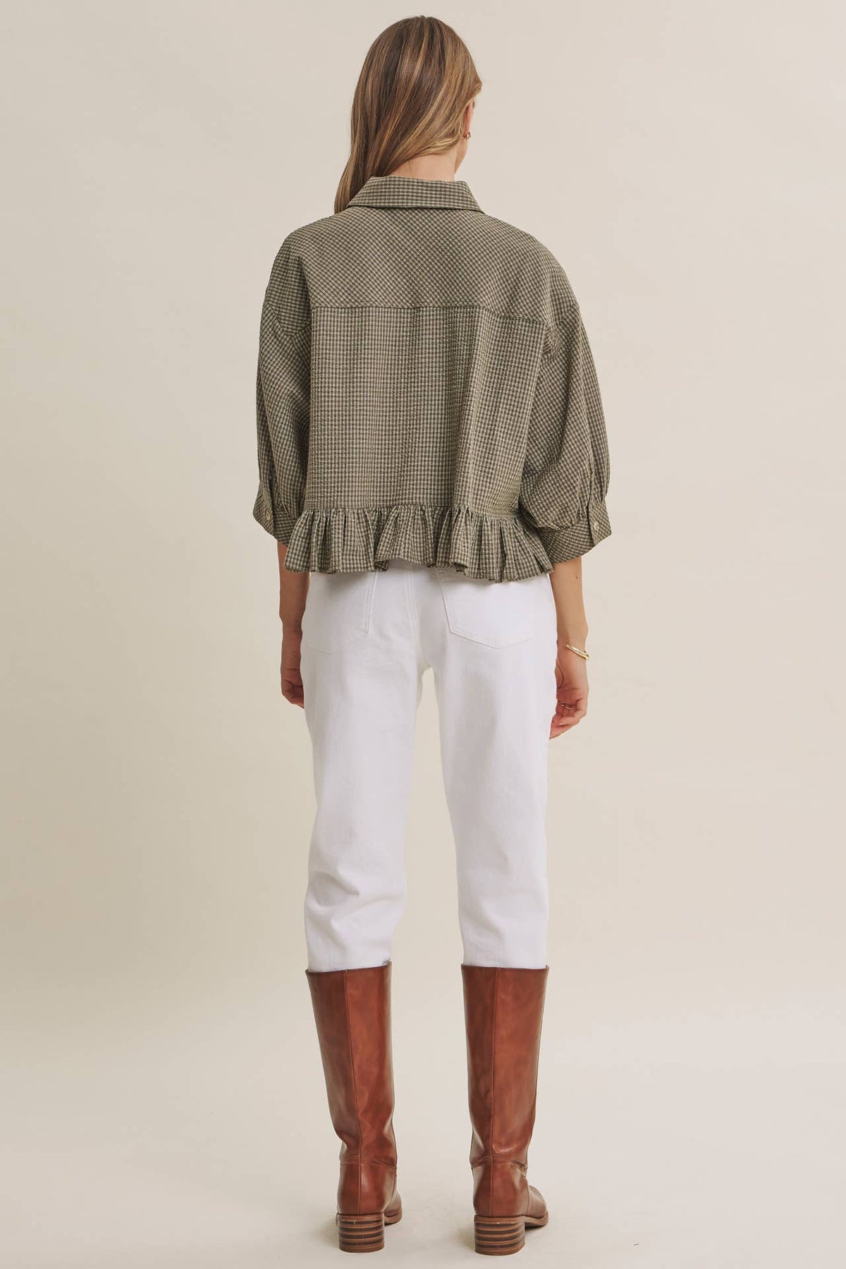 Morning Oat Micro Check Ruffle Hem Button-Down Shirt
