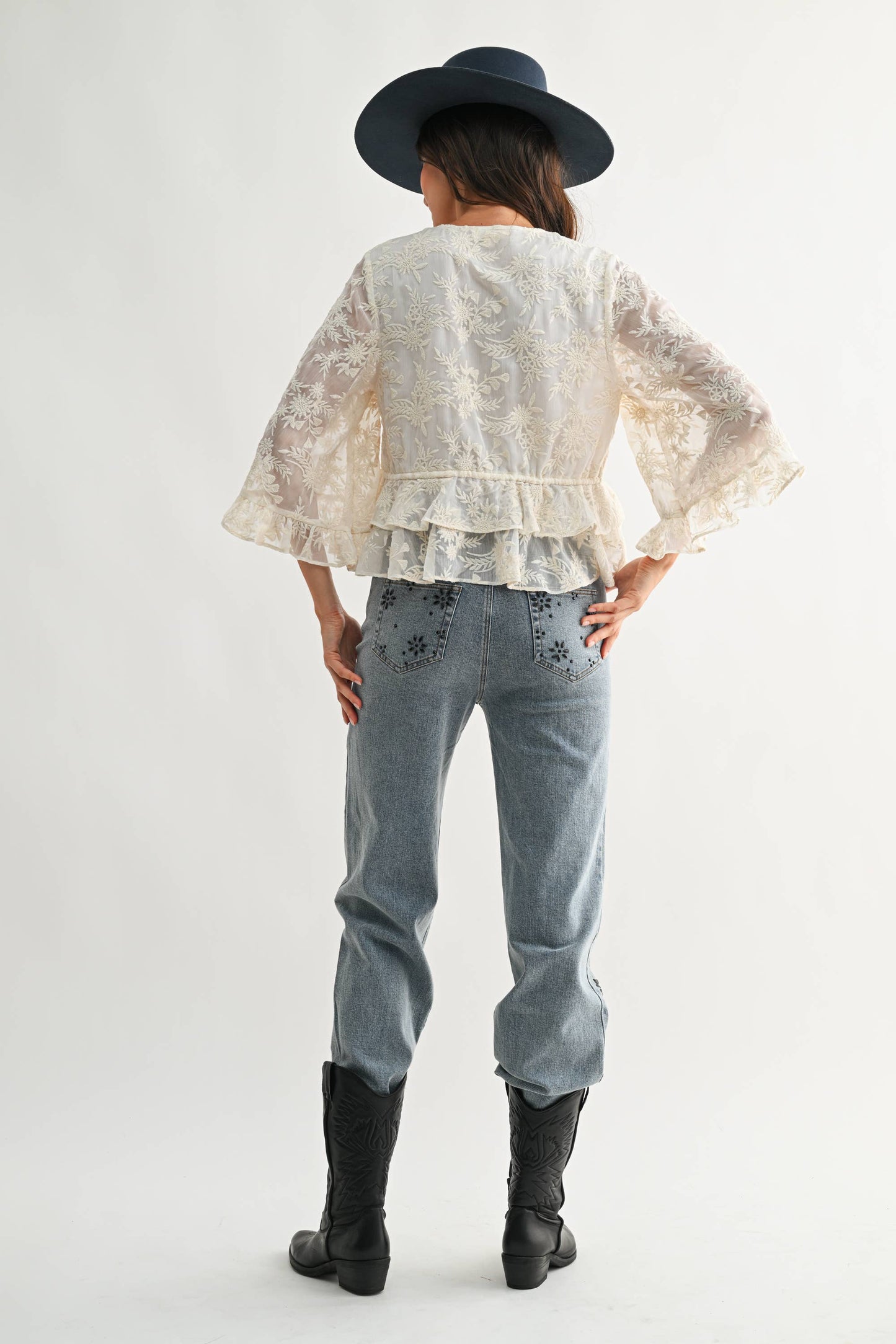Boho Embroidered Sheer Bell Sleeve Top