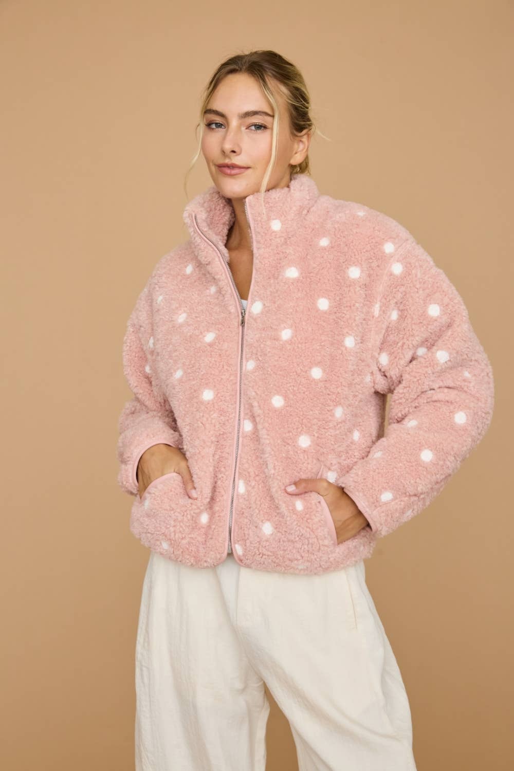 Polka Dot Sherpa Fleece Zip Front Jacket