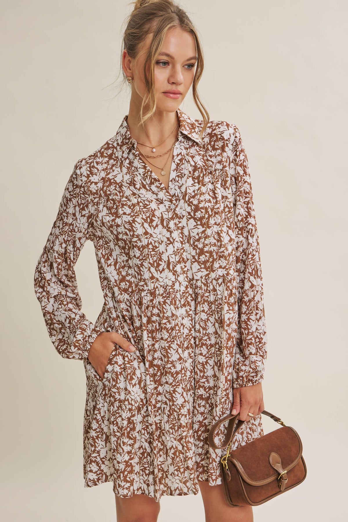 Soft Autumn Floral Button-Down Mini Shift Dress