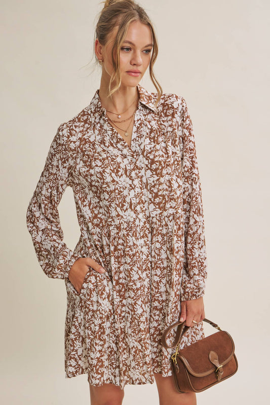 Soft Autumn Floral Button-Down Mini Shift Dress
