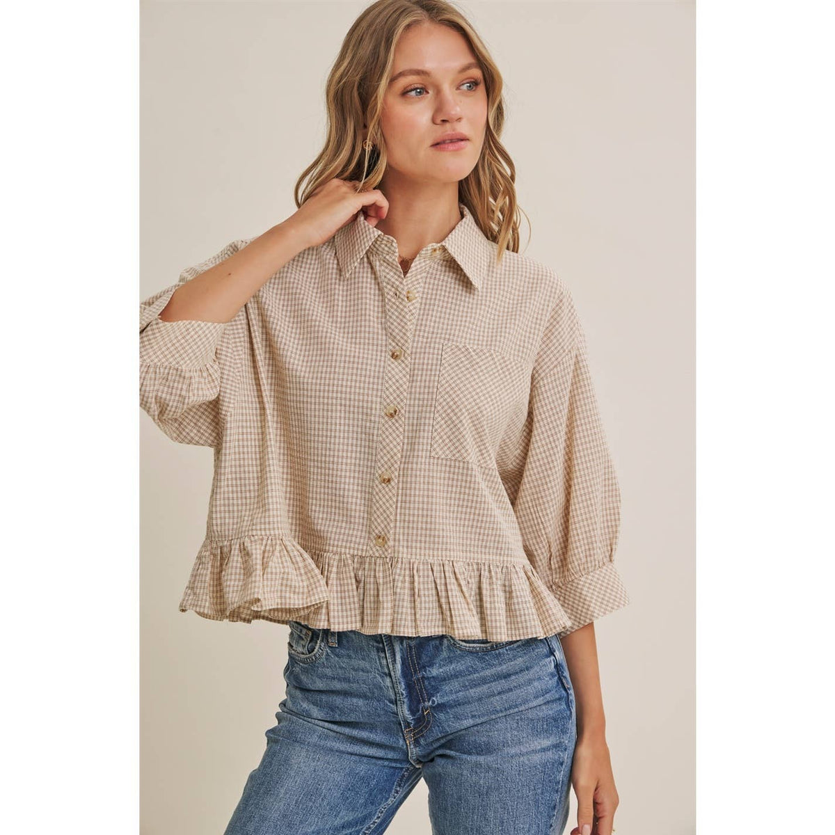 Morning Oat Micro Check Ruffle Hem Button-Down Shirt