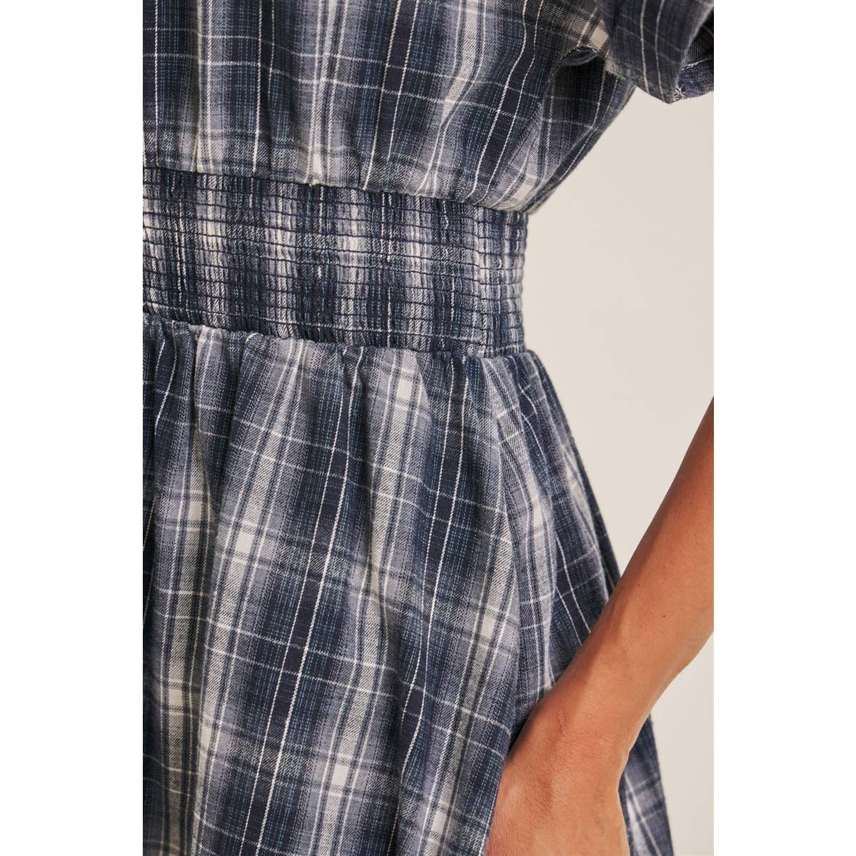 Autumn Picnic Drop Shoulder Plaid Smocked Waist Mini Dress