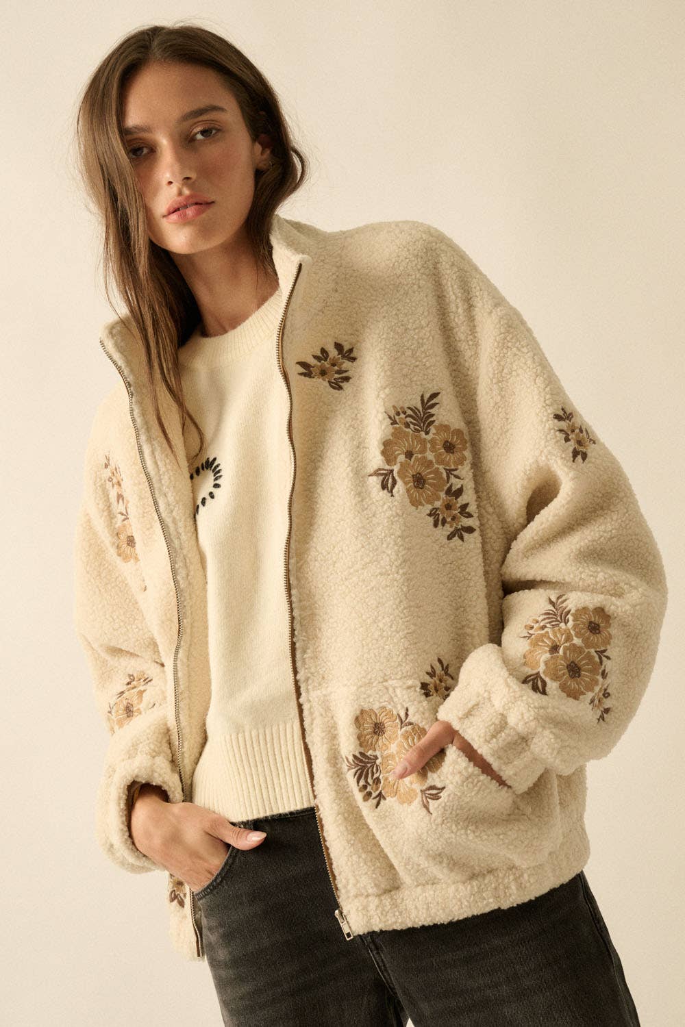 Floral-Embroidered Sherpa Fleece Zip-Up Jacket