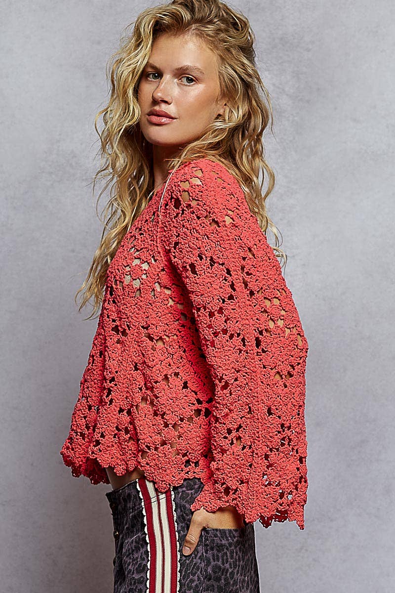 Flare sleeve scalloped edge solid crochet sweater - 2 color options