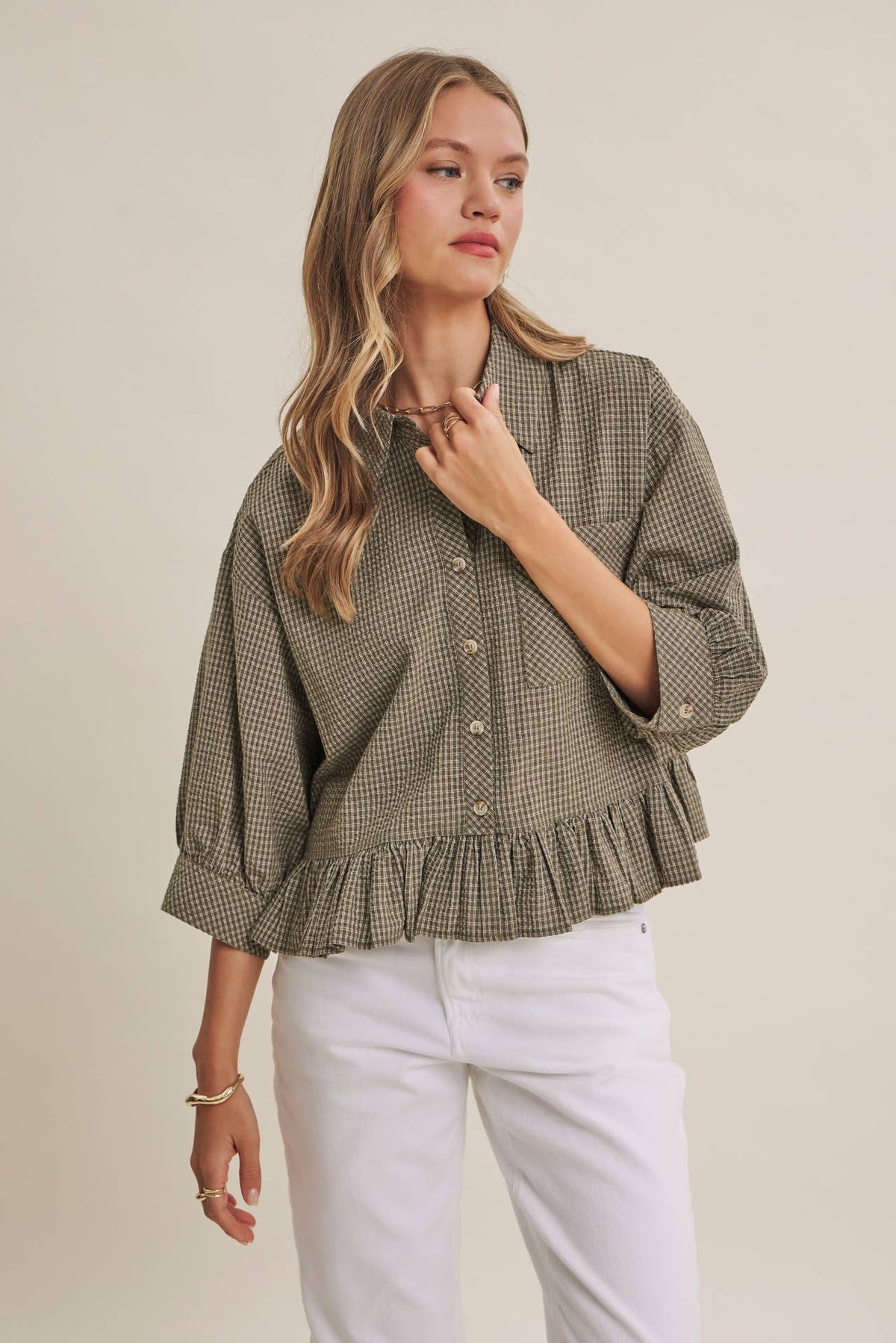 Morning Oat Micro Check Ruffle Hem Button-Down Shirt