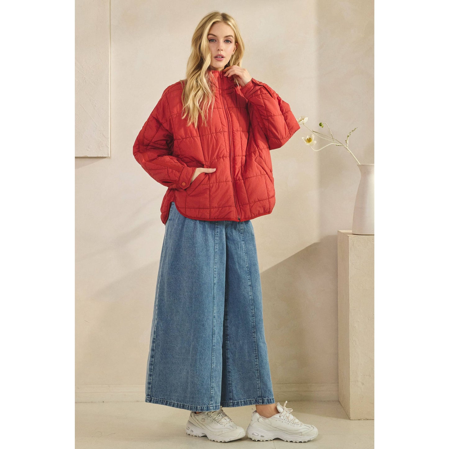 Oversized Packable Puffer Jacket – Brick Red