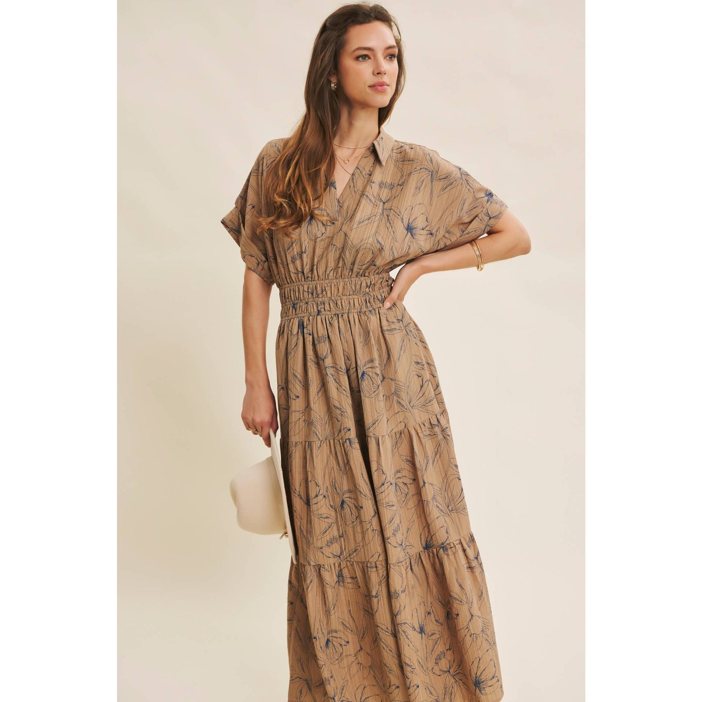 VINTAGE INSPIRED TEXTURED FLORAL MAXI DRESS WITH DOLMAN SLVS