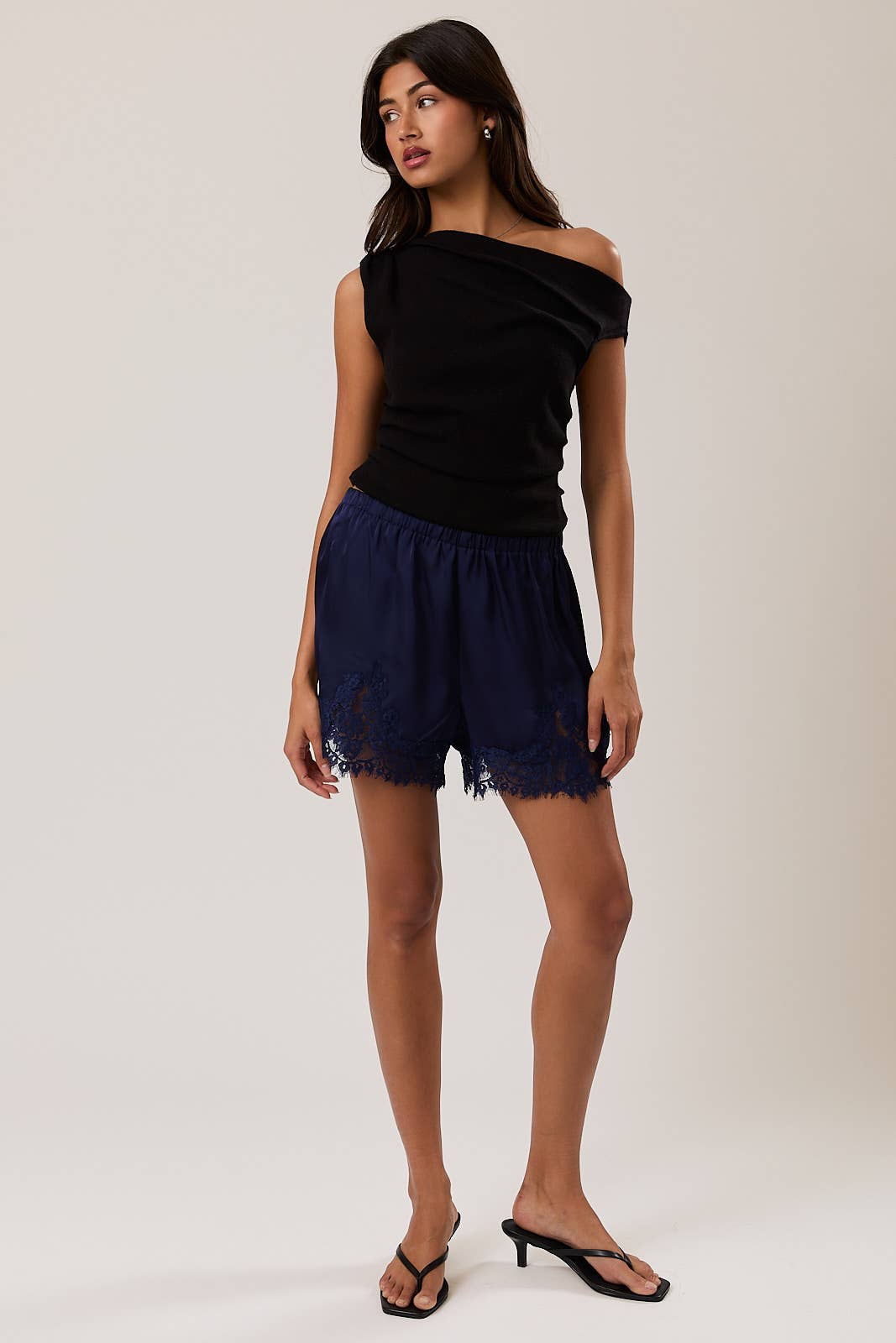 Navy Mid Rise Lace Trim Satin Shorts