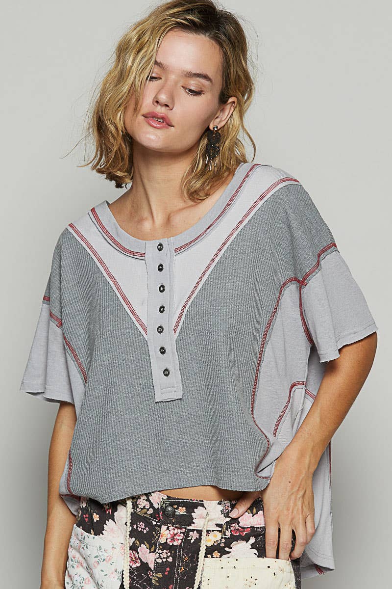 Round neck short sleeve strap thermal knit top