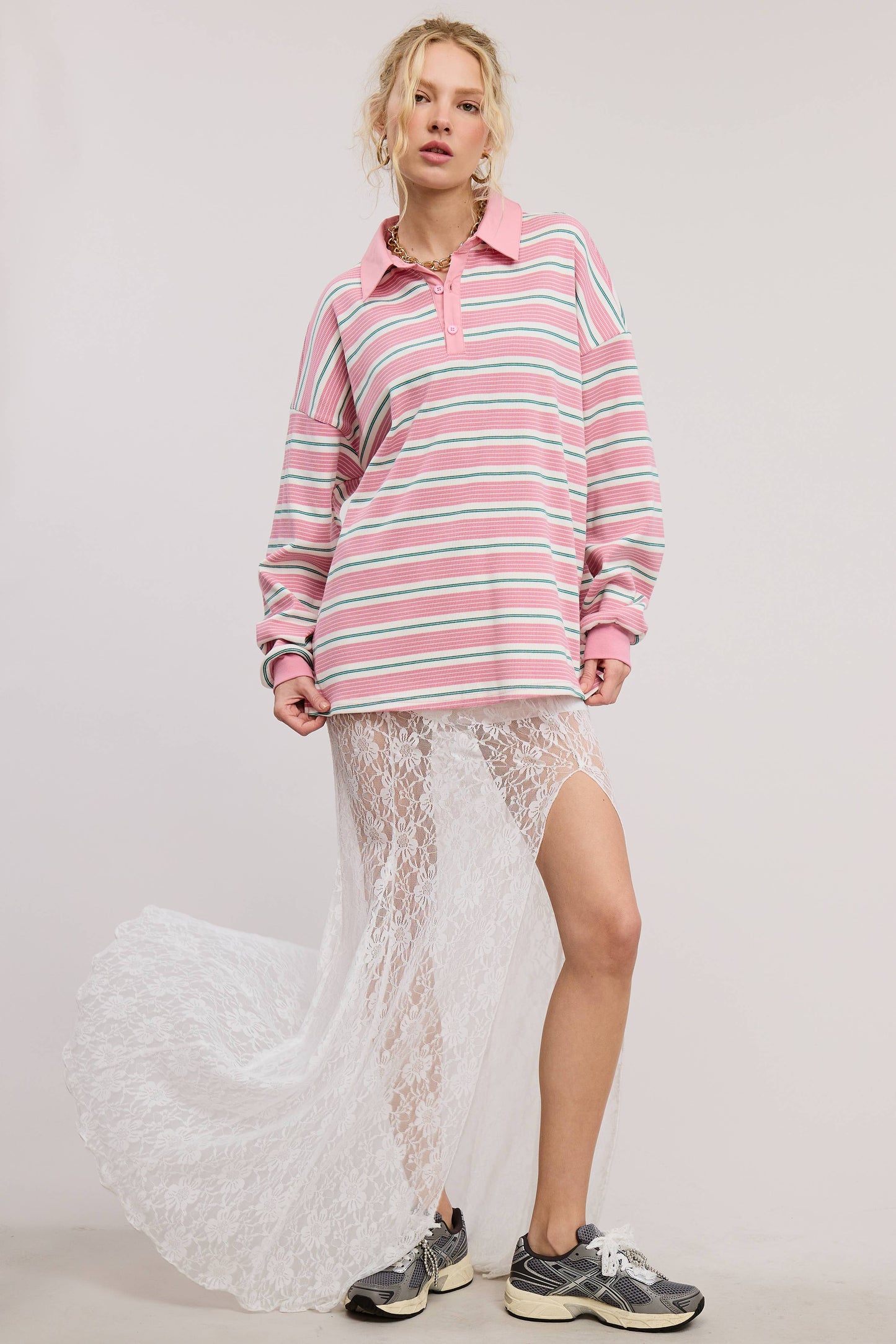 Multicolor Stripe Oversized Long Sleeve Polo Shirt