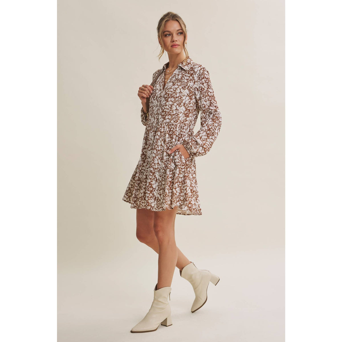 Soft Autumn Floral Button-Down Mini Shift Dress