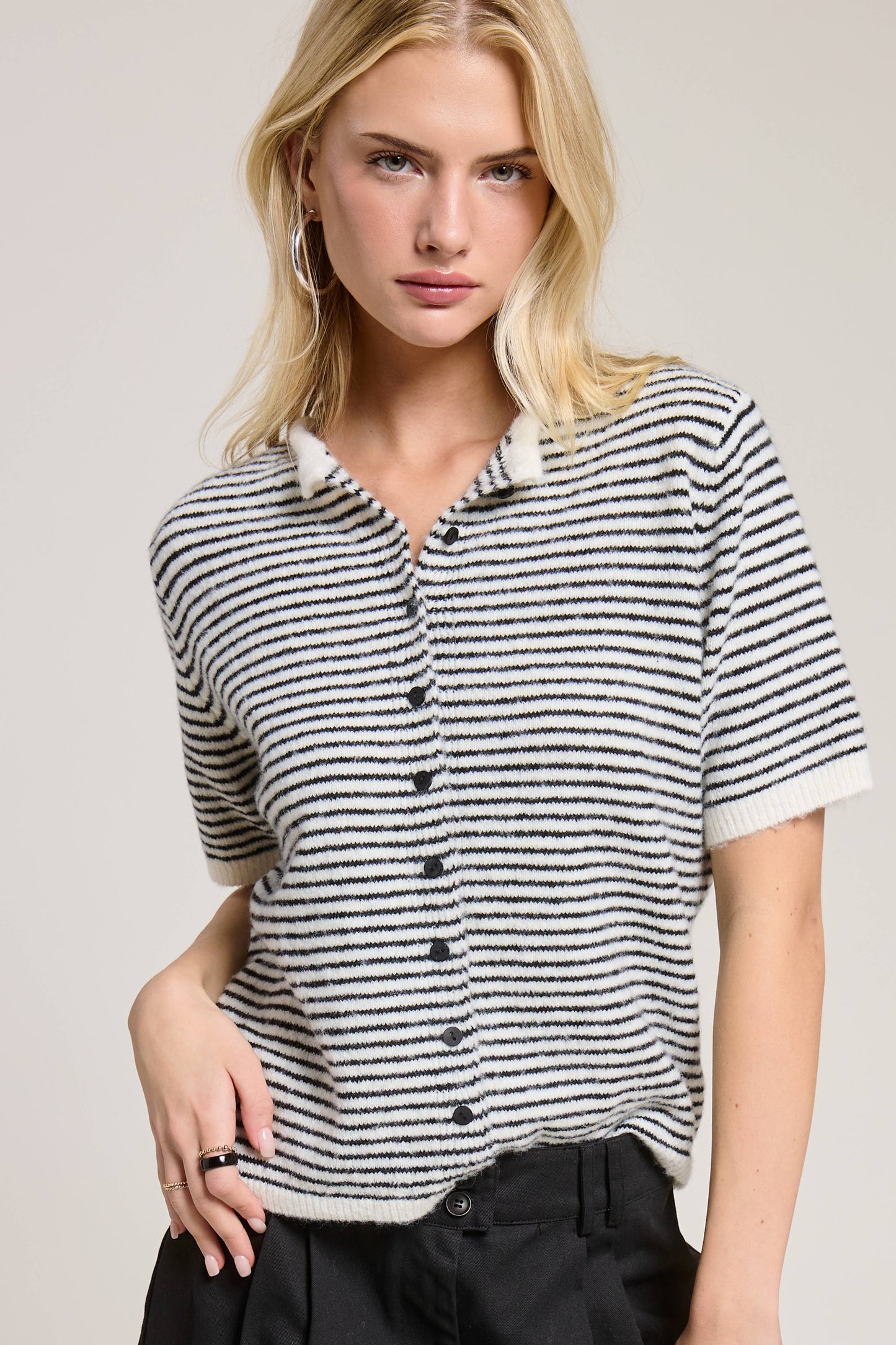 Muse Striped Short Sleeve Button Cardigan