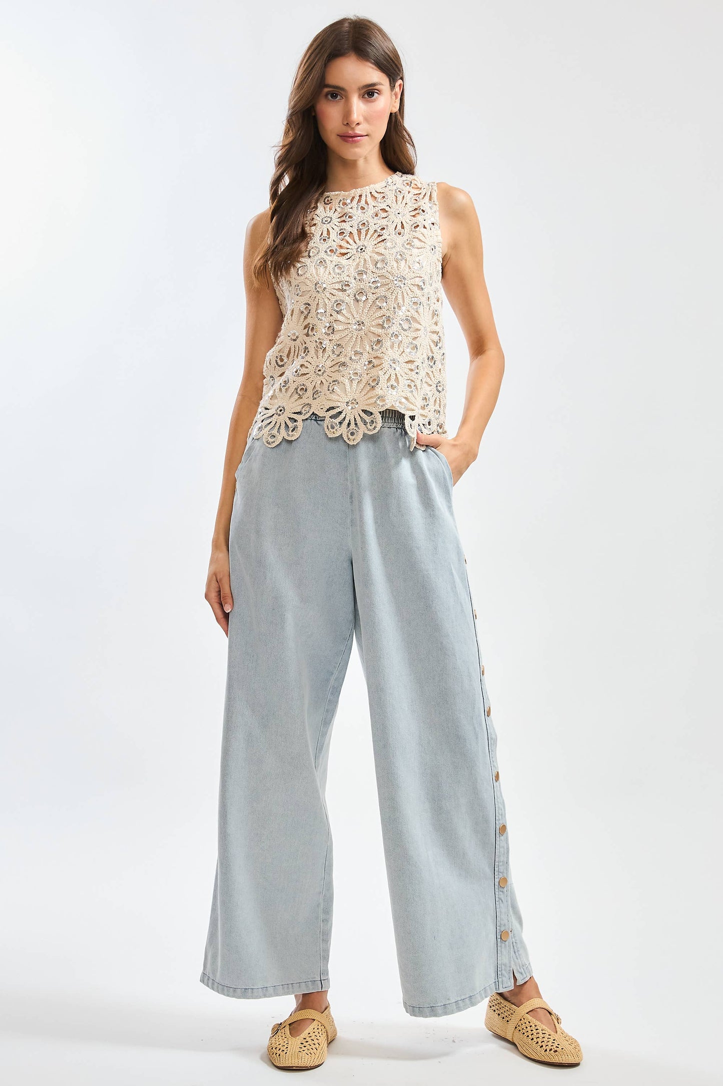 Floral Crochet Lace Sequin Sleeveless Top