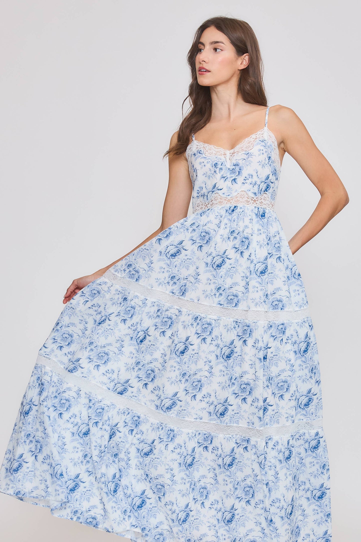 100% Cotton Floral Midi Dress with Lace Trim