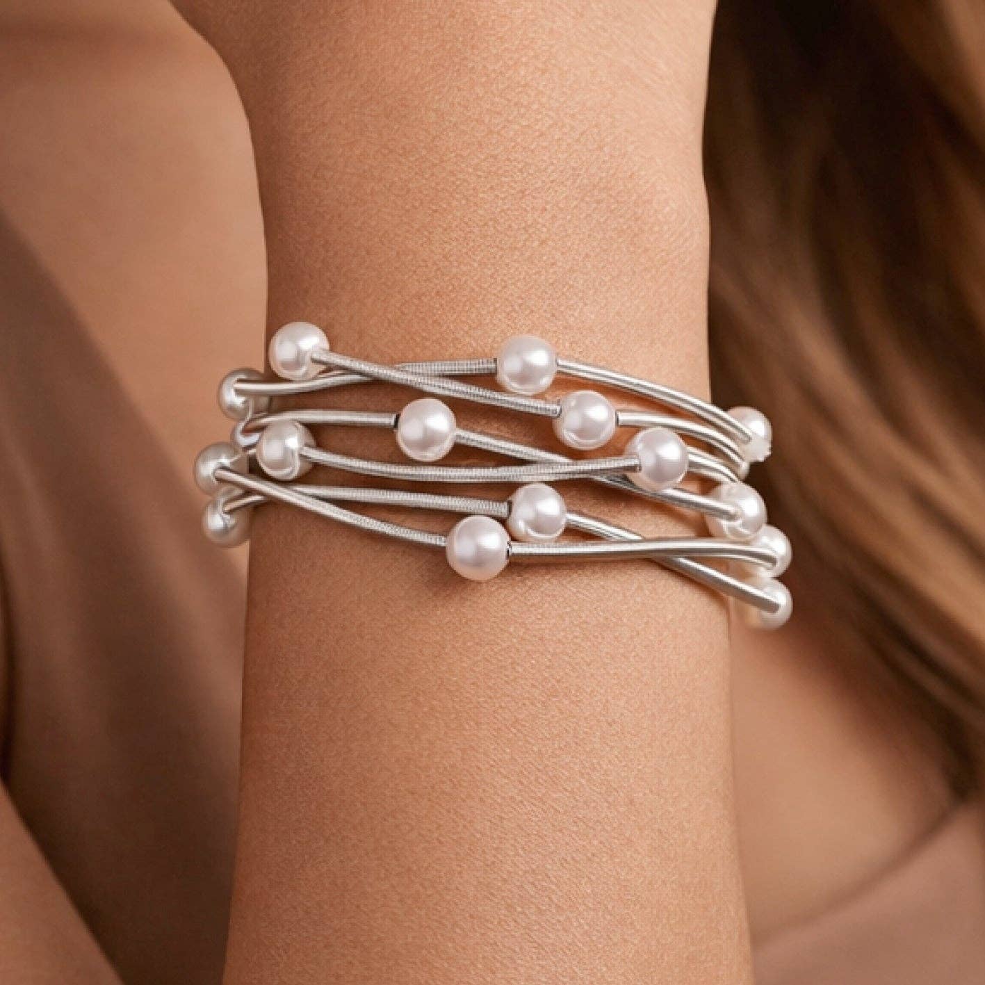 Boho Layered Spring Coil Guitar String Bracelet with Pearls Set