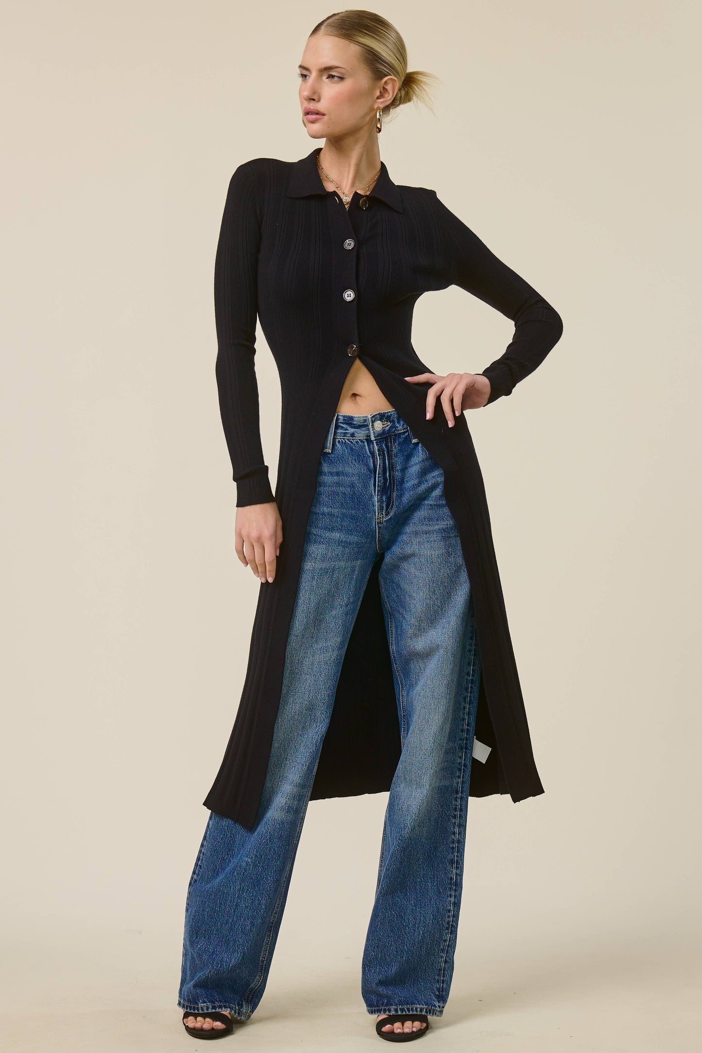 Collared Ribbed Knit Duster Cardigan